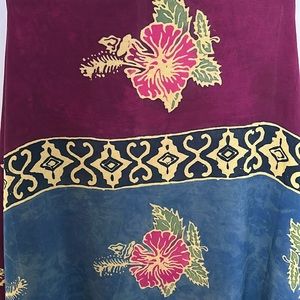 Blue and maroon sarong with hibiscus flower motif
